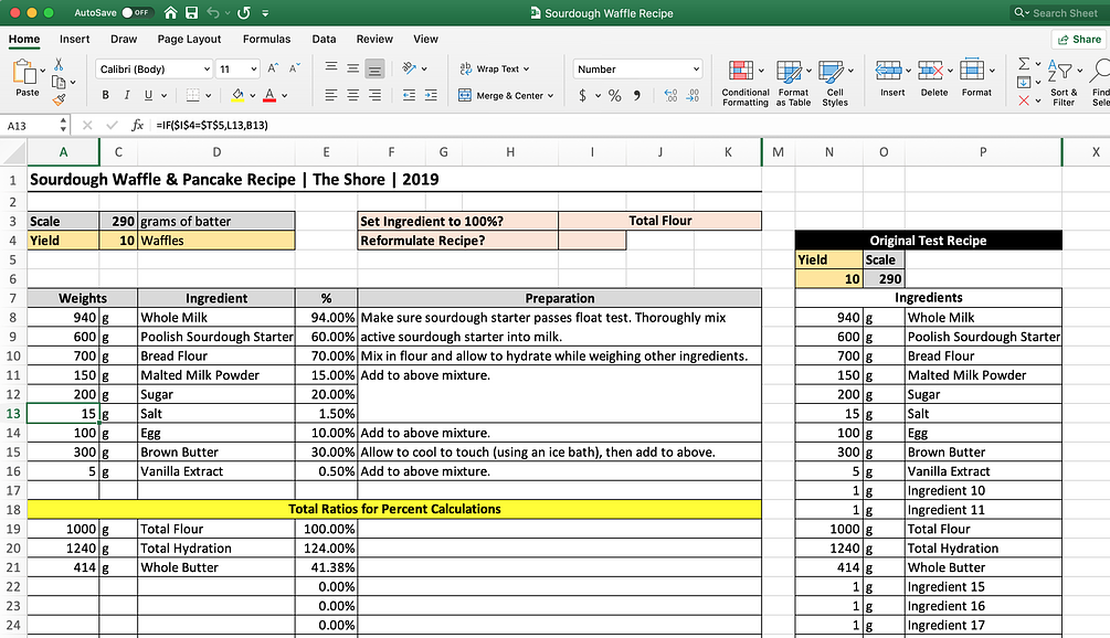 recipe template excel