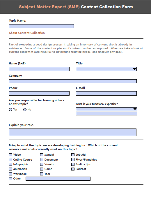Instructional Design Tool SME Content Collection Form