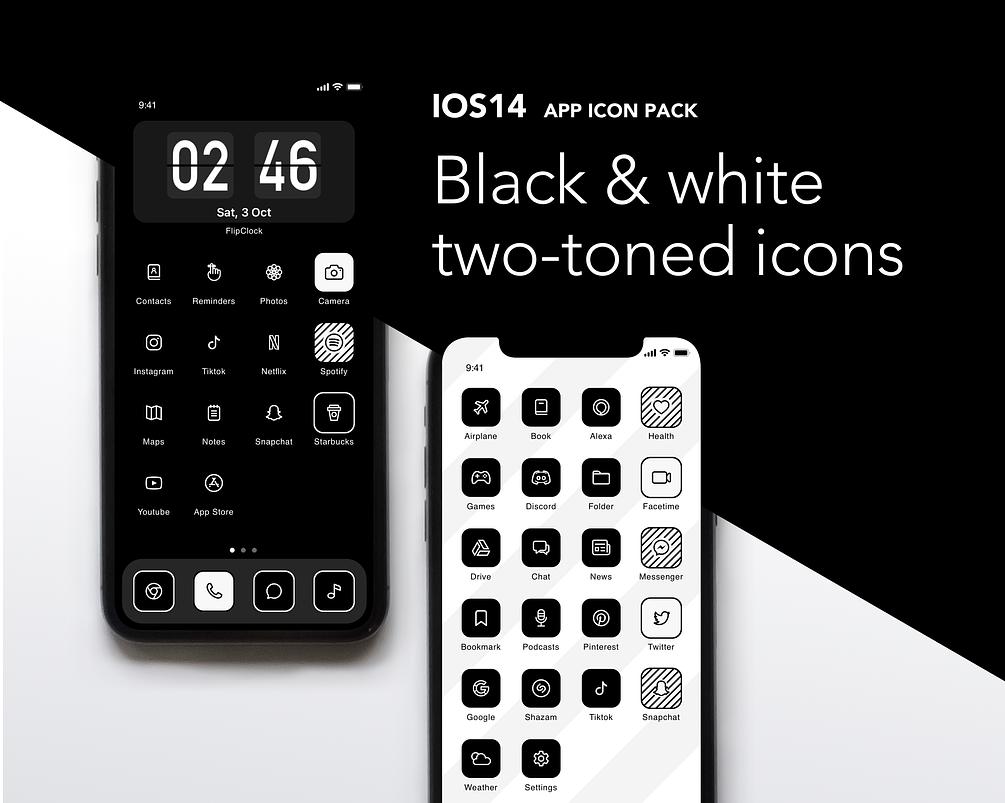 Minimalistic black and white iOS 14 iPhone app icons