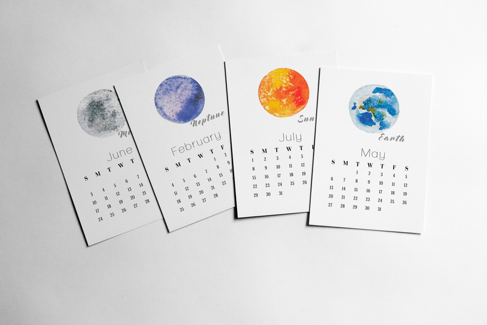 Printable Space Watercolor calendar 2018 A6