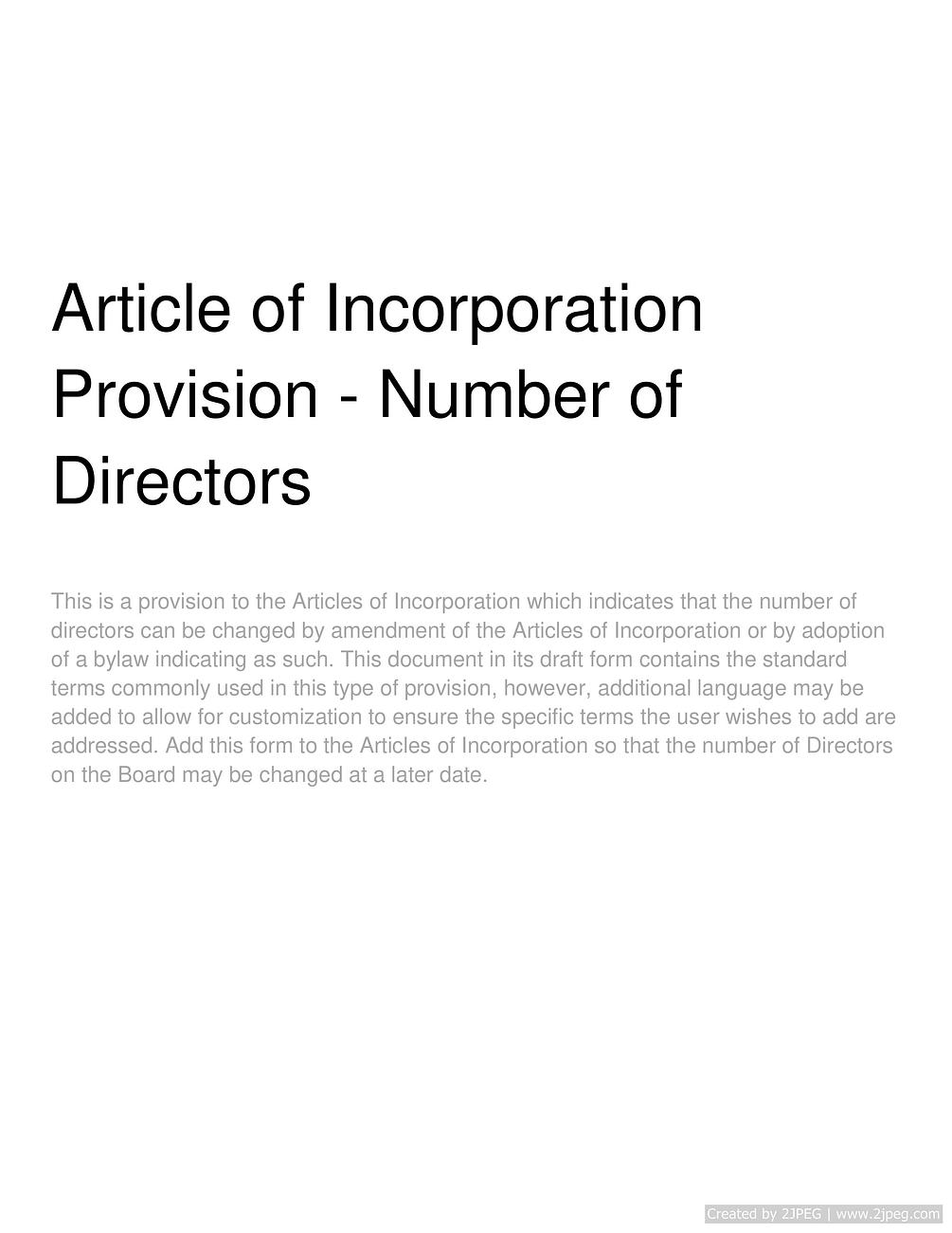 Article of Incorporation Provision Number of Directors