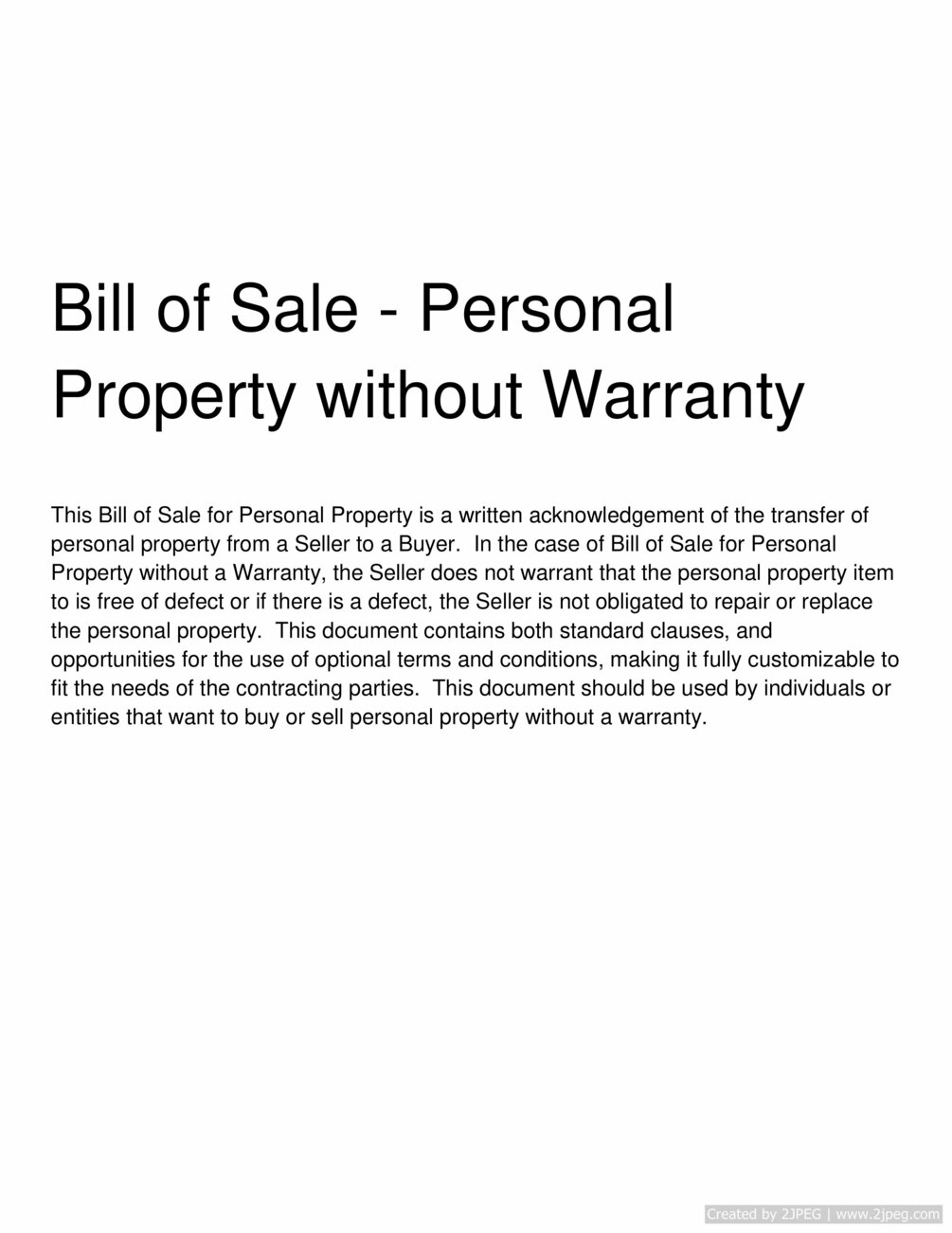 Bill of Sale - Personal Property without Warranty