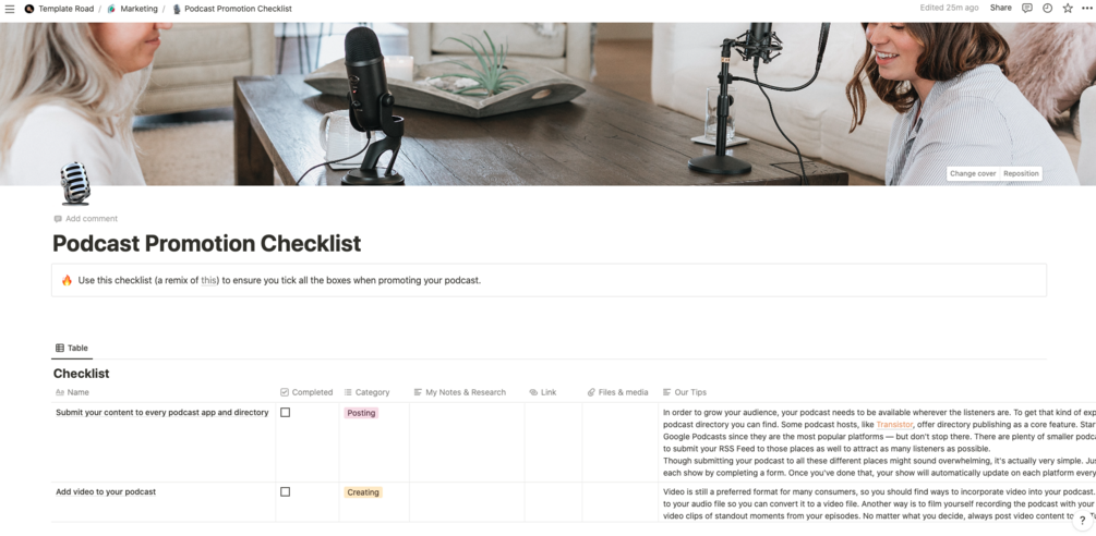 Notion Podcast Promotion Checklist Template