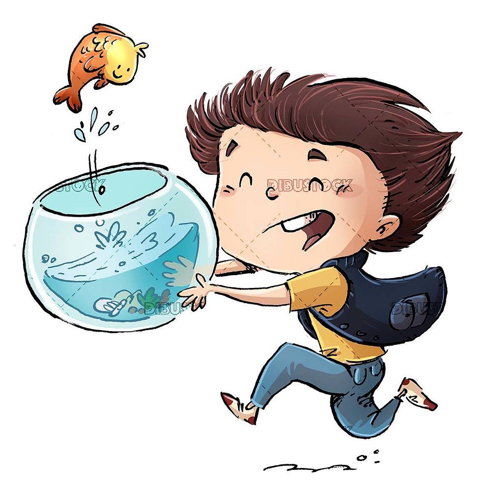 Boy running with fishbowl in hands and fish jumping