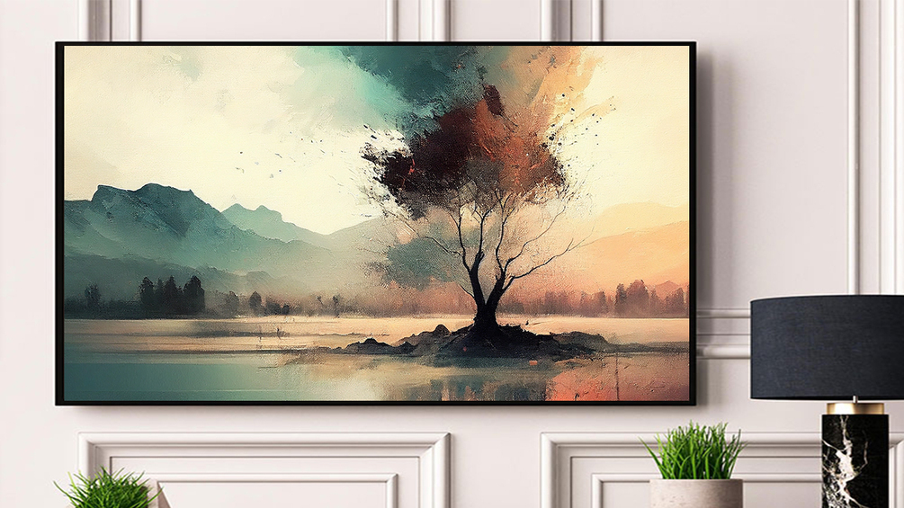 Abstract Lake Mountain Tree Landscape Neutral Oil Painting Wall Art Home Decor Digital