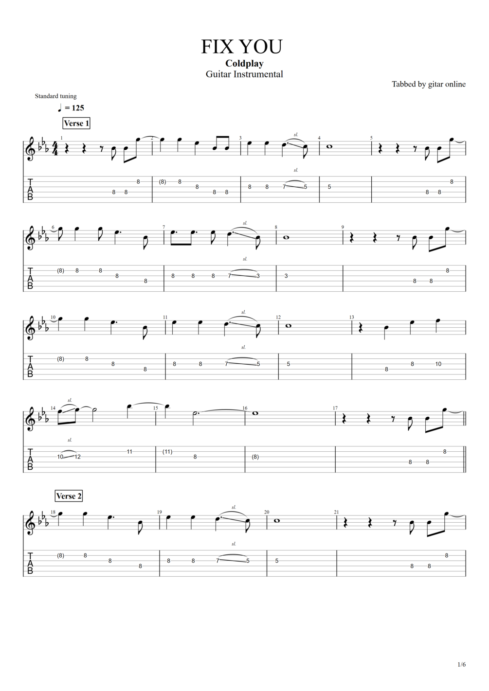 TAB. FIX YOU Coldplay (Guitar Instrumental)