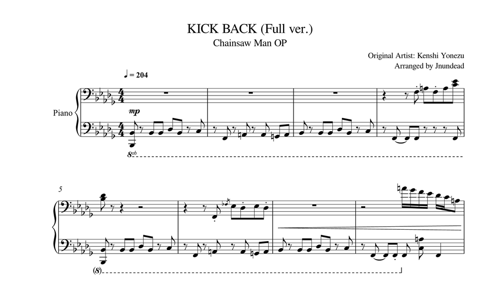 [Chainsaw Man OP] KICK BACK (Full ver.) Piano Arrangement