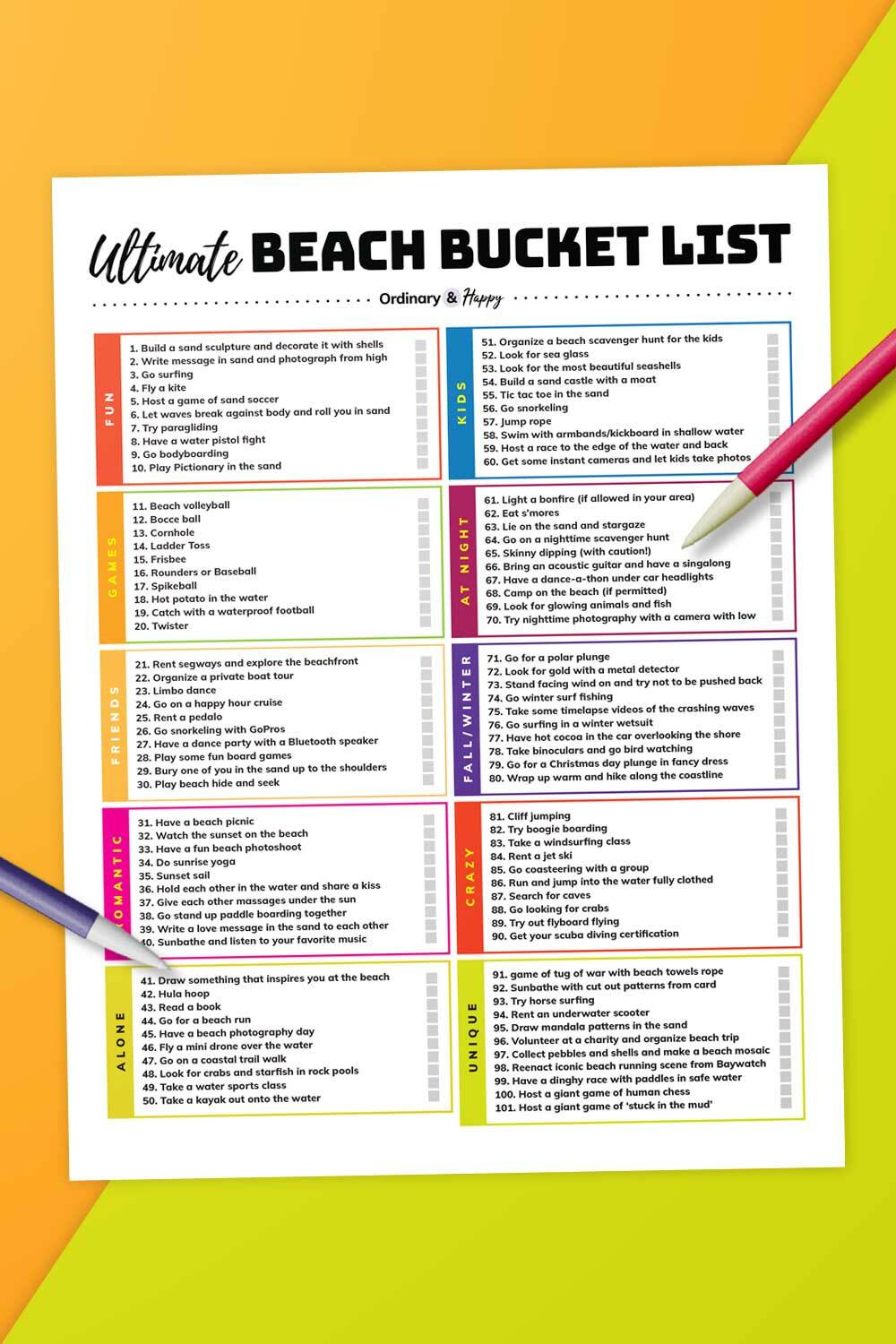 Beach Bucket List Ideas Printable