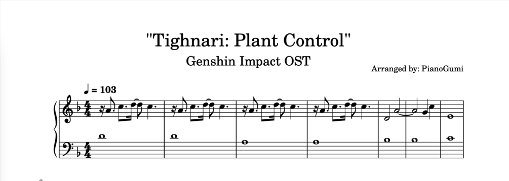 Genshin Impact OST Tighnari Plant Patrol EASY Piano Sheet Music