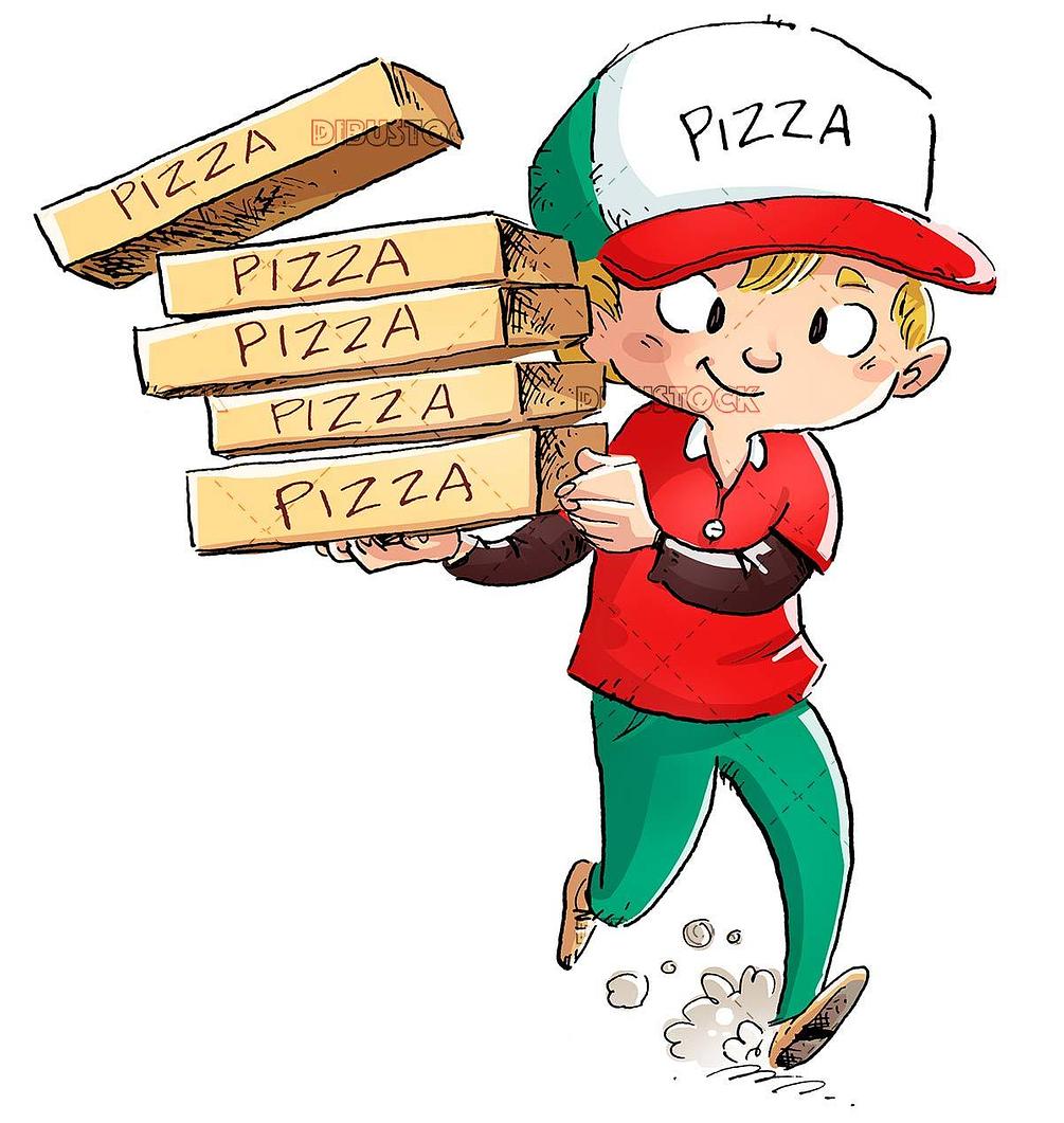 Pizza boy carrying pizza boxes