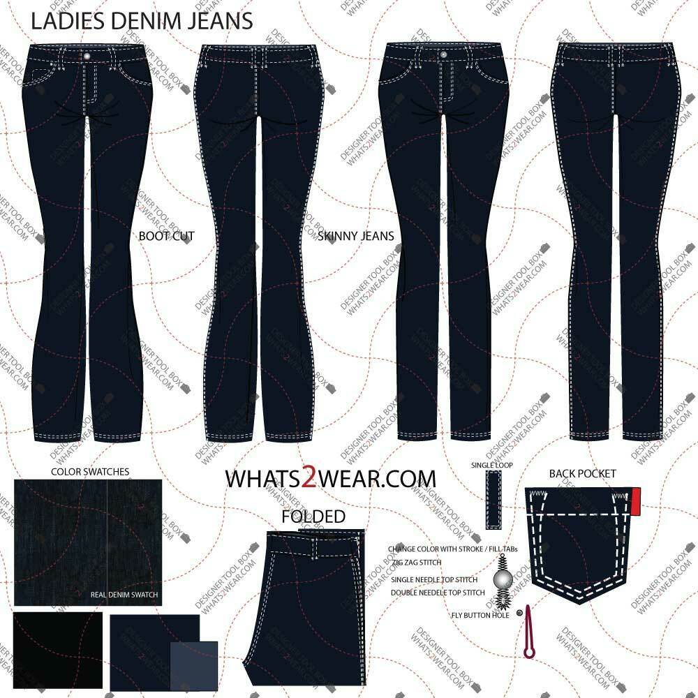 Women's Jean Fashion Flat Template CAD