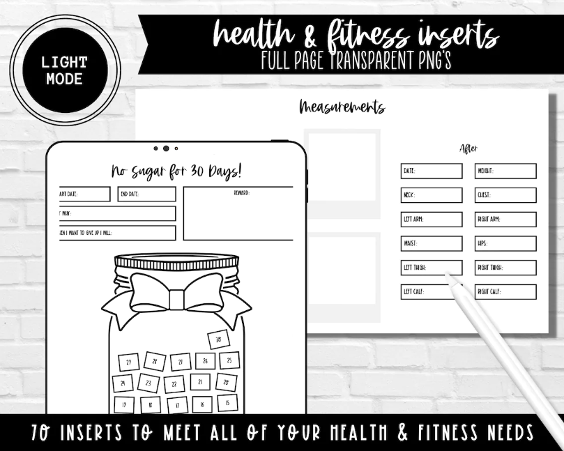 Health & Fitness Planner Inserts Light Mode 70 Inserts Included