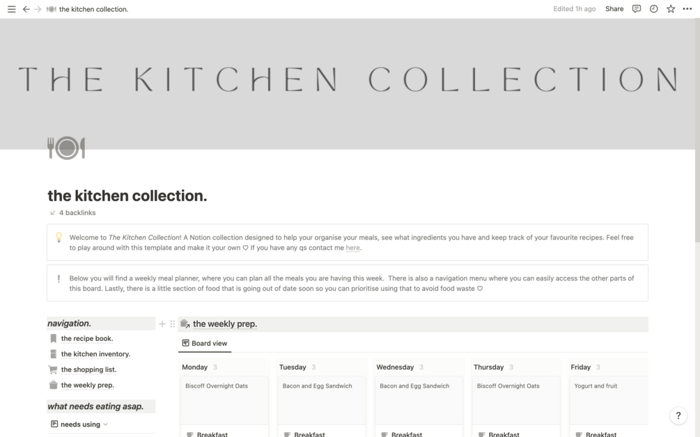 the kitchen collection notion template
