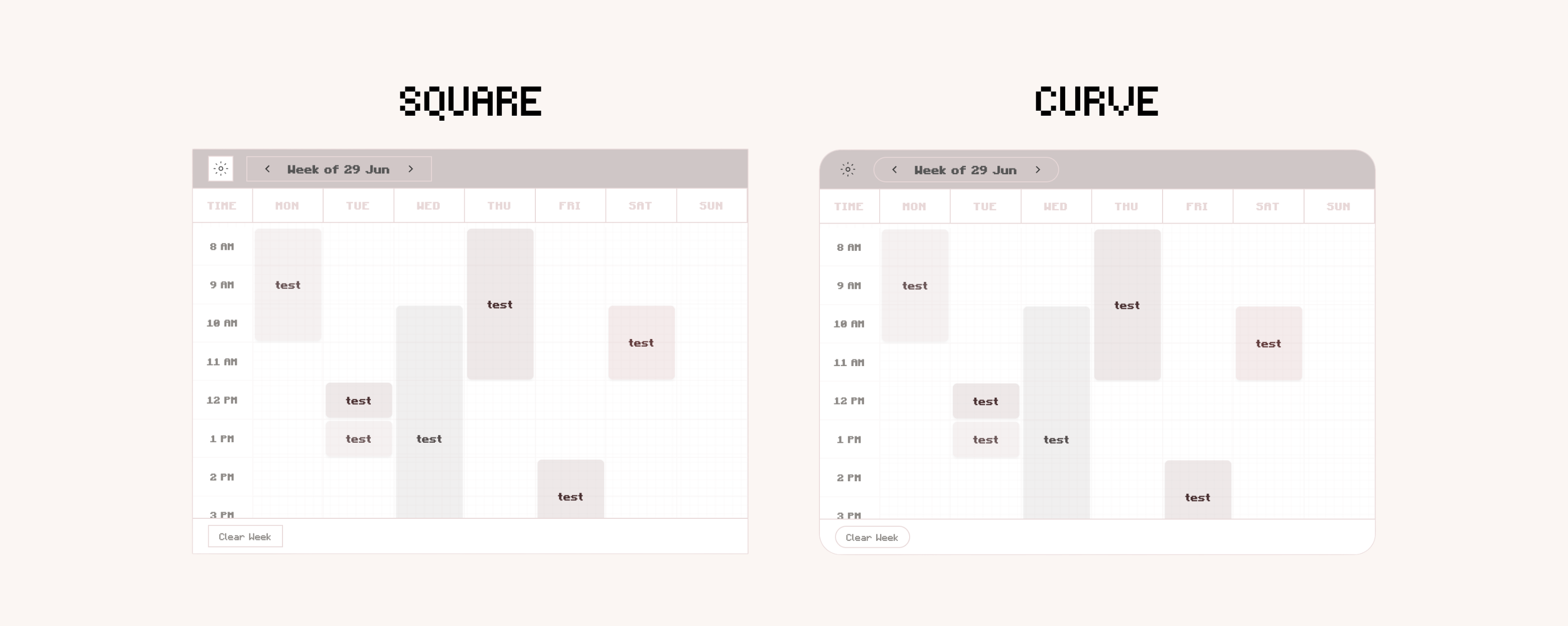 Digital Weekly Schedule Widget for Notion with curved and square display in light mode. Aesthetic study planner and weekly planner.