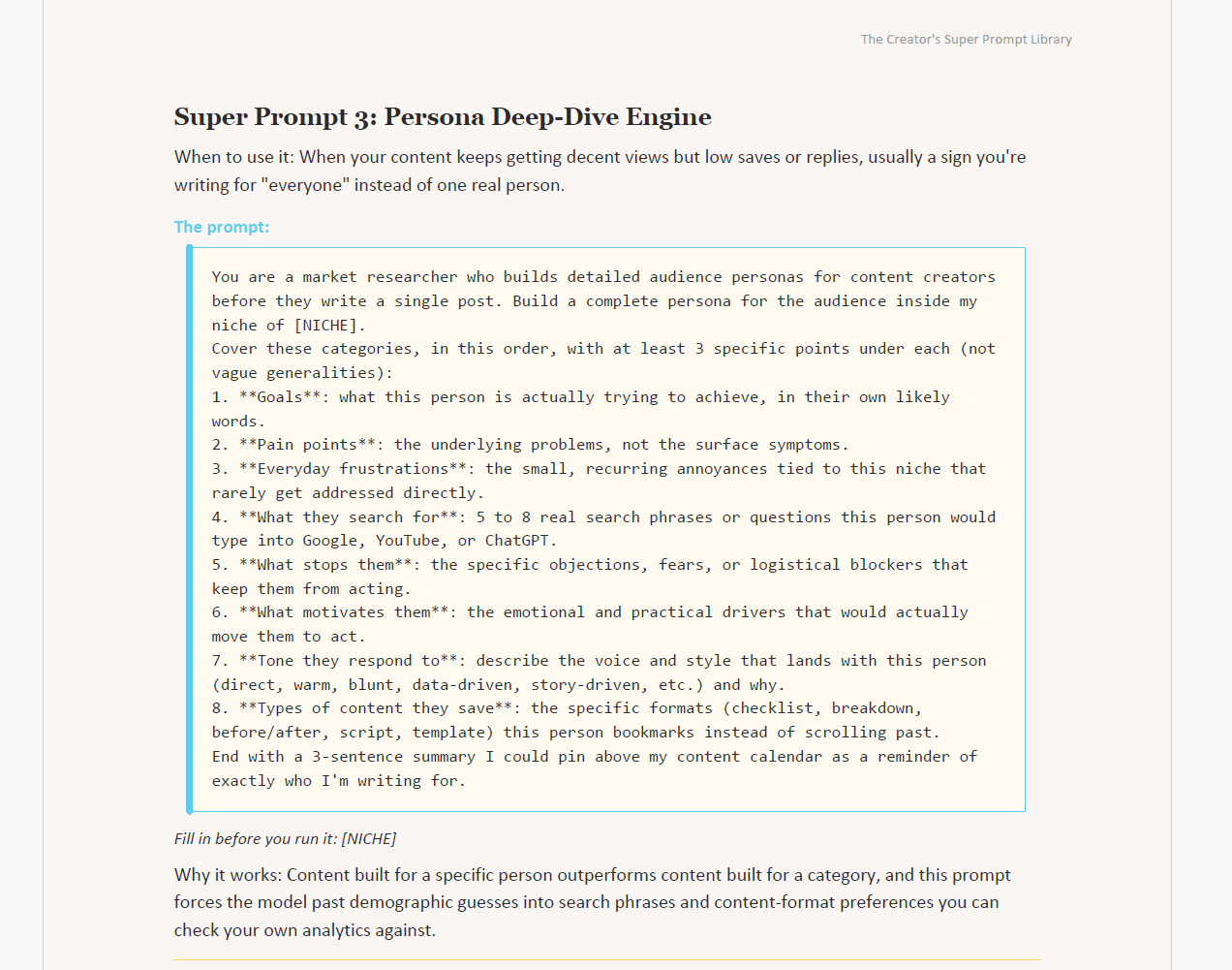 A real prompt from the Super Prompt Library, shown exactly as it appears inside