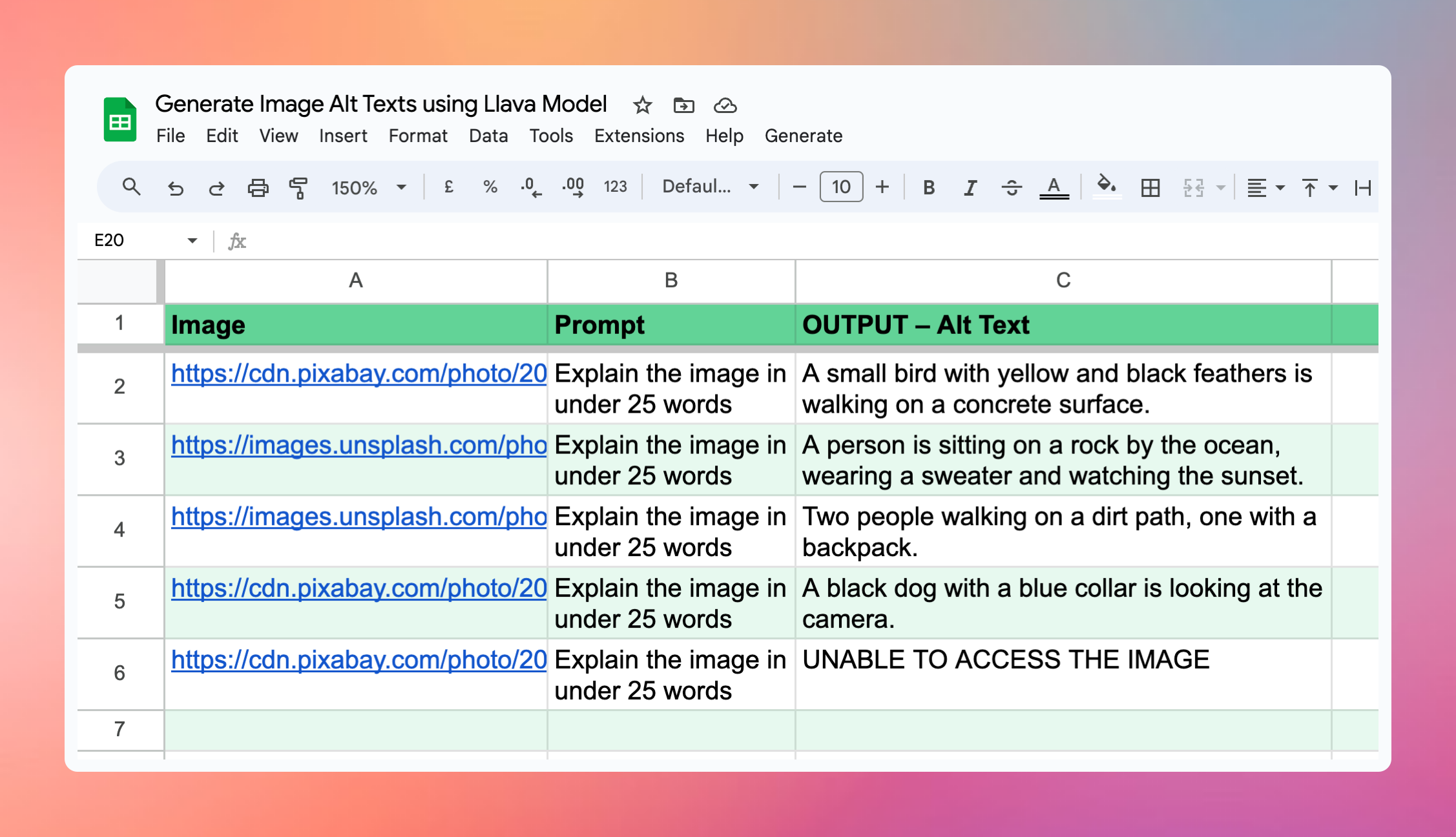 Bulk Images Alt Texts In Google Sheets Using AI LLaVA Model 