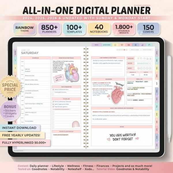 All-in-One Digital Planner 2026, Undated Digital Planner