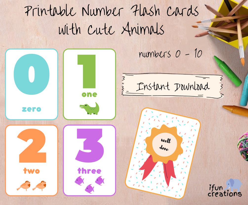 Printable Flashcards English Numbers 0-10 (zero-ten) with Cute Animals