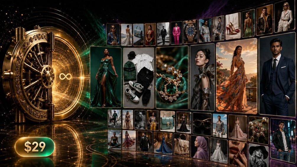 Vantaige AI Fashion Pack: a vault opening into a gallery of editorial fashion visuals across diverse models, garments and styles