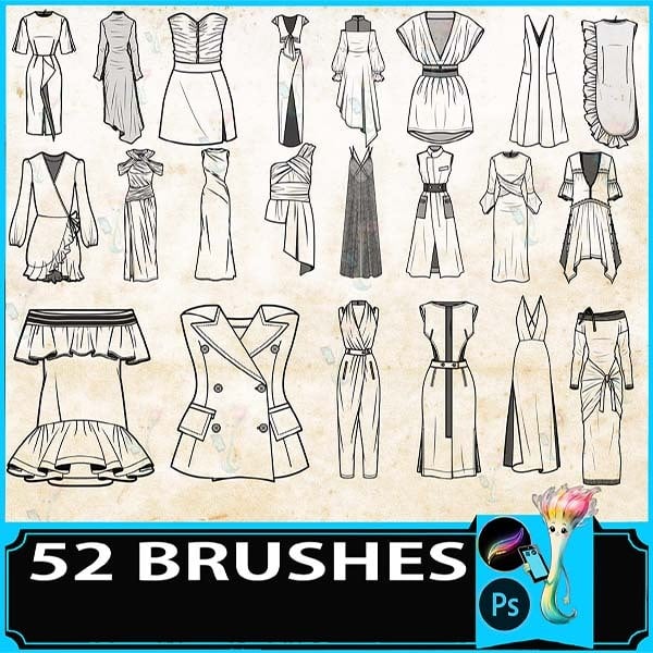 Procreate & Photoshop 52 Types Evening Dress・One|Piece Design Brush Set | Women's Clothing・Skirt・Fashion Sketch Material by best procreate brushes