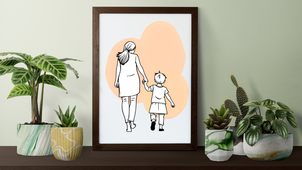 Mother and Child Walking Line Art