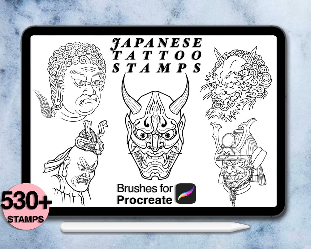 530 Japanese tattoo procreate stamps  Dragon, Tiger, Carp, Snake, Hannya,  Samurai, Daruma, Skull,.