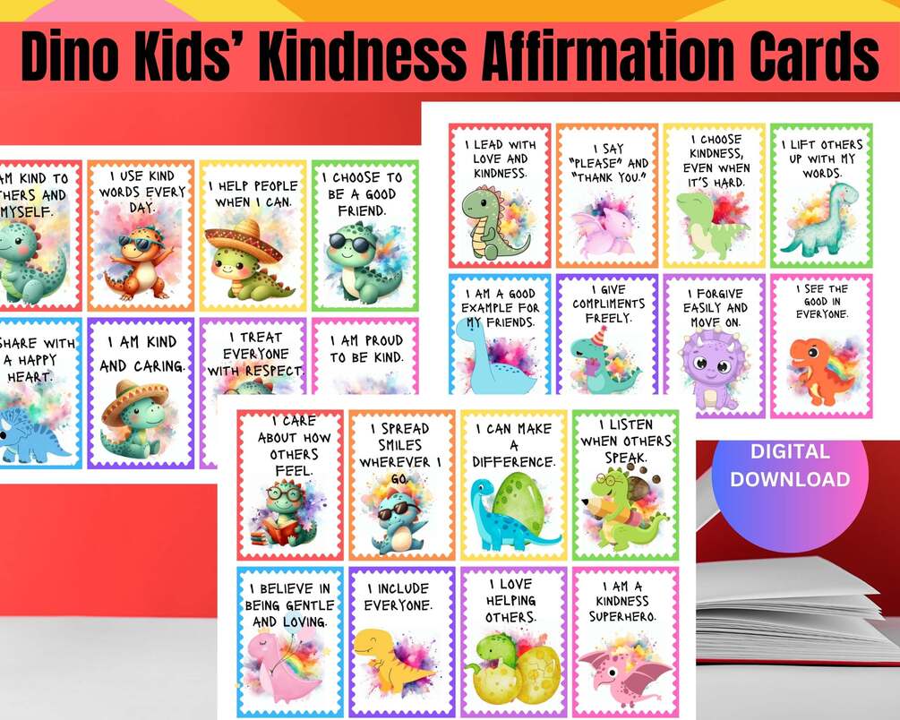 24 Card Printable Bundle -Dino Kindness Affirmation Cards for Kids ...