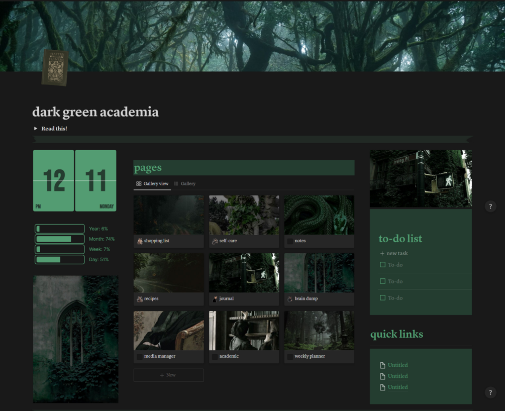 Urban Fantasy Dark Academia Notion Dashboard Template