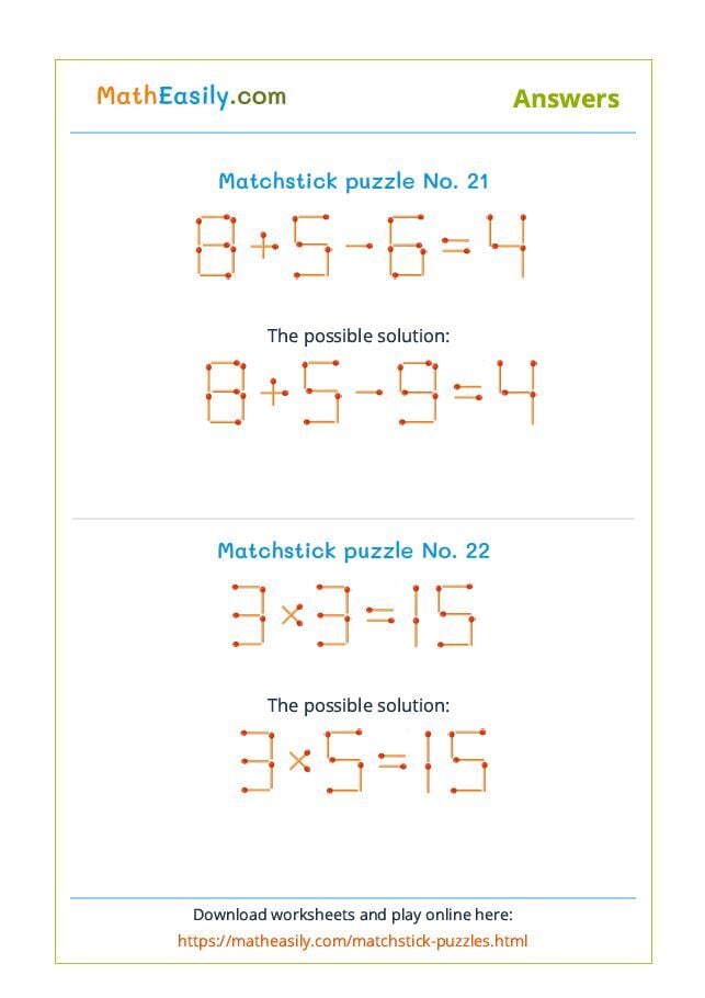 Math Matchstick Puzzles with Answers PDF + Online