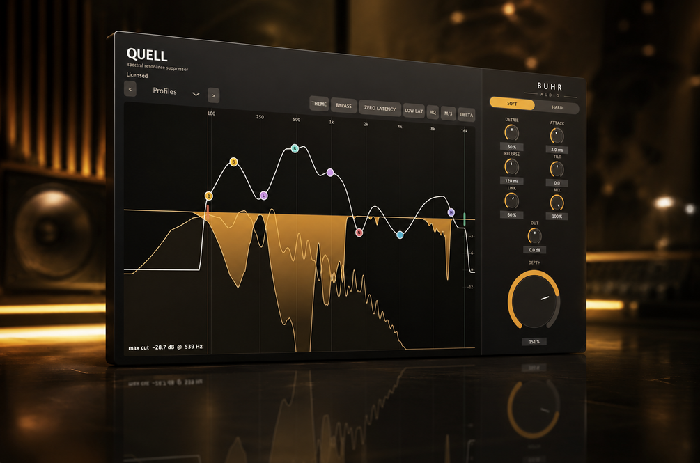 Quell spectral resonance suppressor plugin interface by BUHR AUDIO