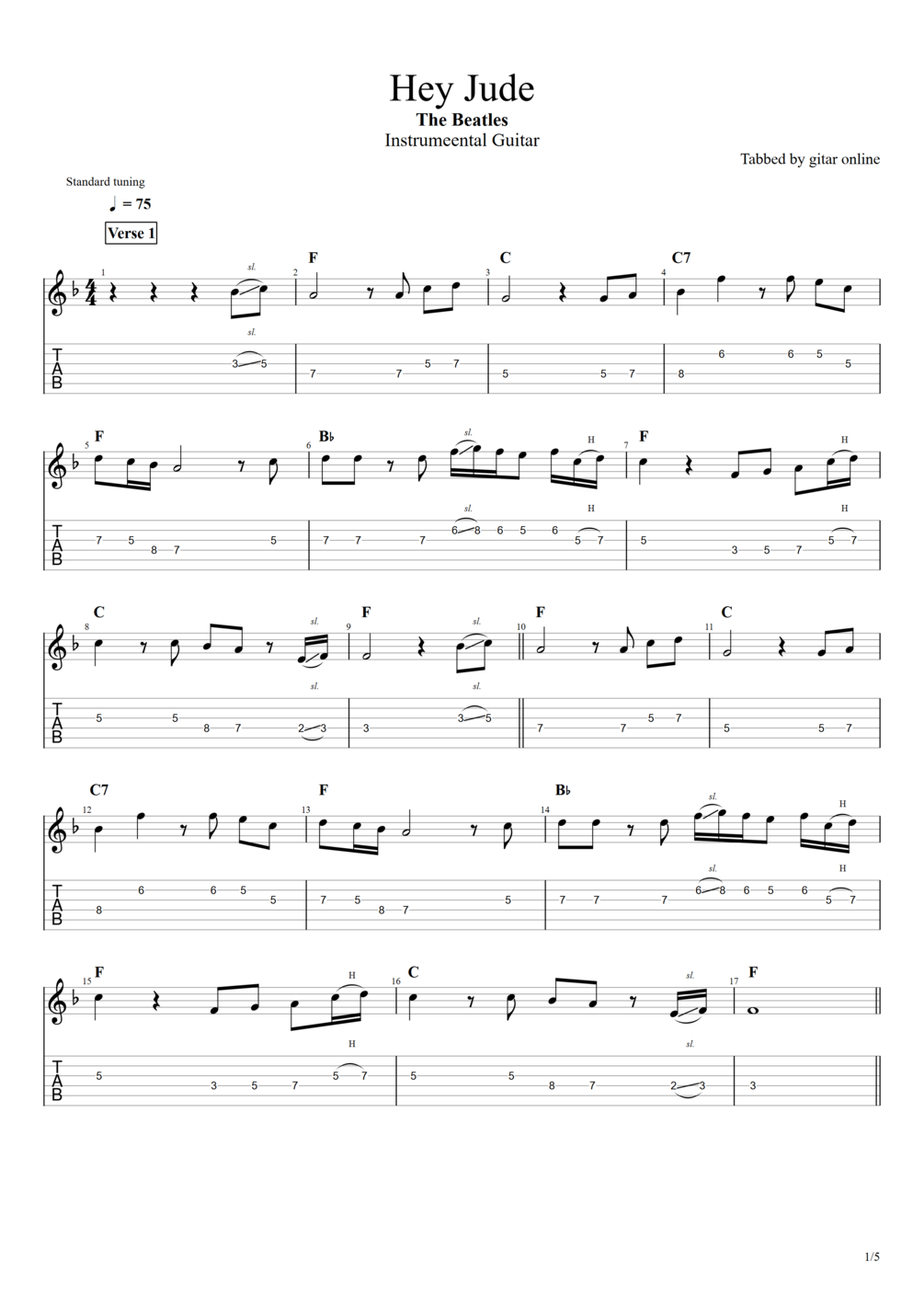 TAB. Hey Jude The Beatles (Instrumental Guitar)