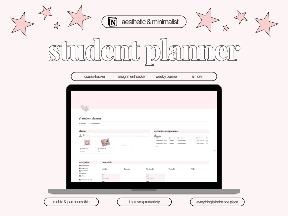 Student Planner Notion Template Pink Coquette Aesthetic