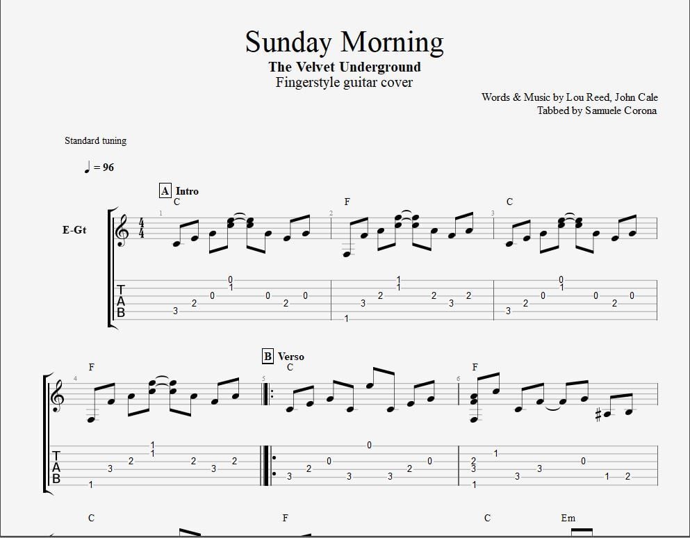 Sunday Morning The Velvet Underground Fingerstyle guitar TAB