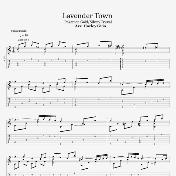 Lavender Town (Pokemon Gold/Silver/Crystal) fingerstyle guitar tab PDF by Harley Guio