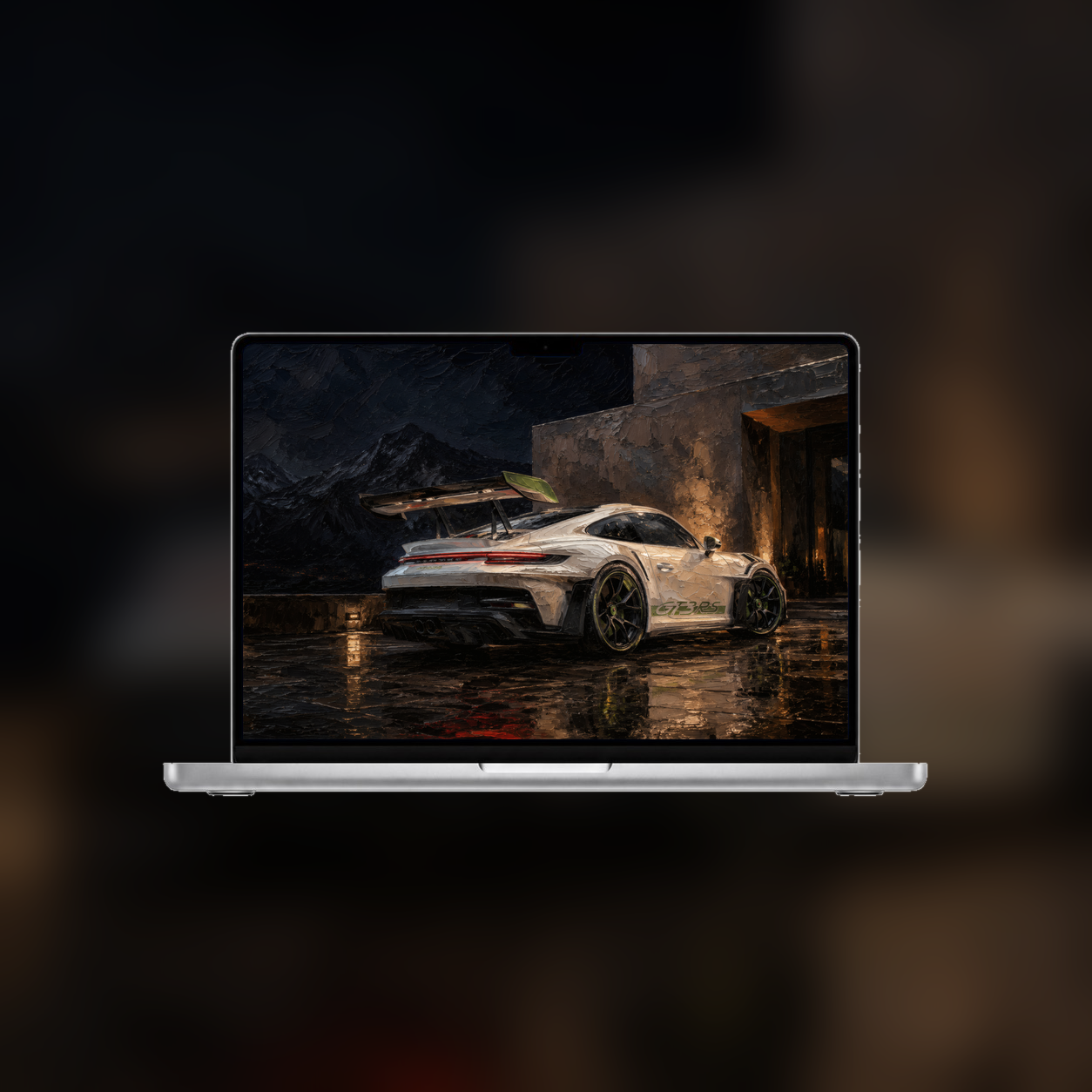 Porsche GT3 RS impasto wallpaper shown on a MacBook