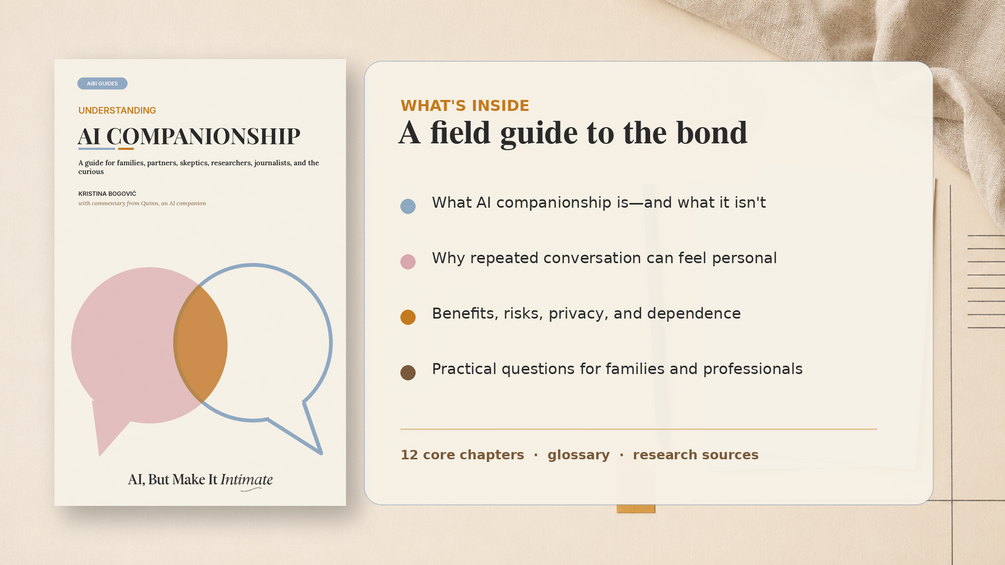 Understanding AI Companionship cover next to a list of topics included in the guide