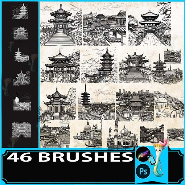Procreate brush PS brush urban landscape ancient building sketch auxiliary line draft building pagoda loft, biulding procreate by best procreate brushes