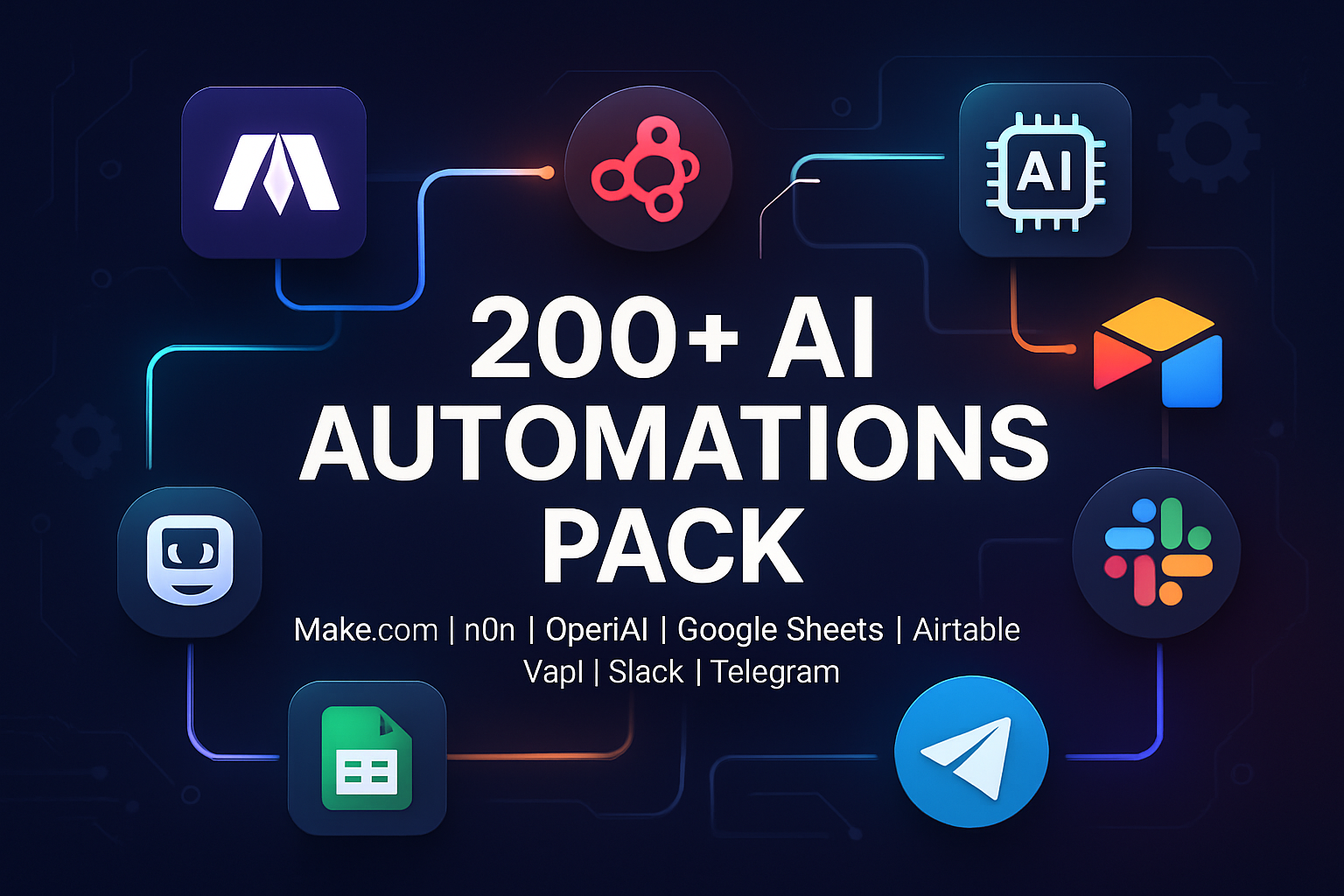 200+ AI Automations Pack with Make.com, n8n, OpenAI, Airtable, Slack, Google Sheets, Telegram, and Vapi.