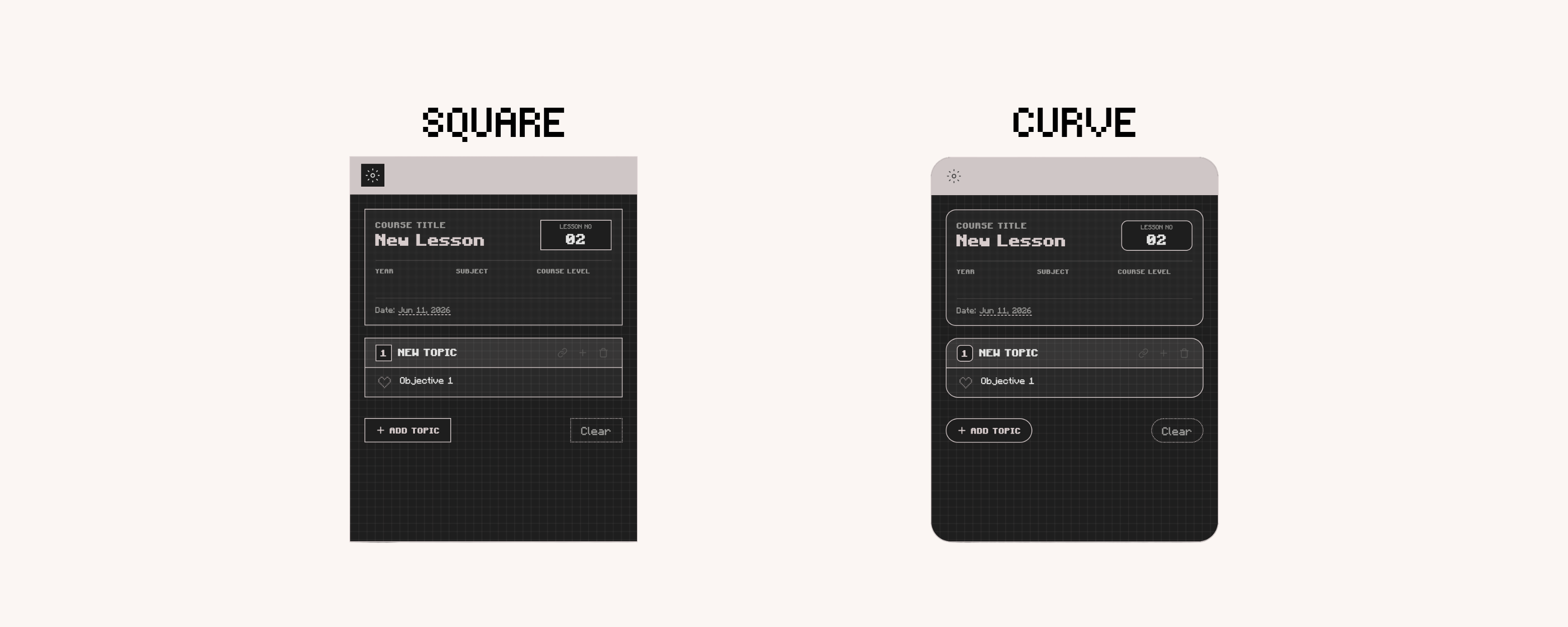 Digital Syllabus Widget for Notion with curved and square display in dark mode. Course and Lesson Tracker