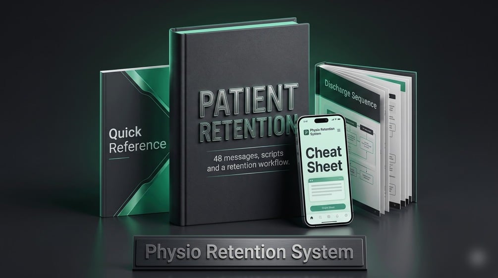 Physio Retention System: 48 patient messages and front-desk scripts, a Retention Assistant prompt, and a 9-stage First-Visit-to-Discharge workflow for Australian physiotherapy clinics