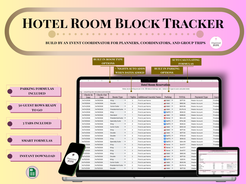 Hotel Guest Tracker ( Pink ) | Google Sheets Template
