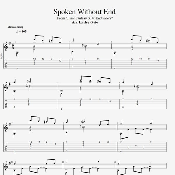 Spoken Without End (Final Fantasy XIV) fingerstyle guitar tab PDF by Harley Guio