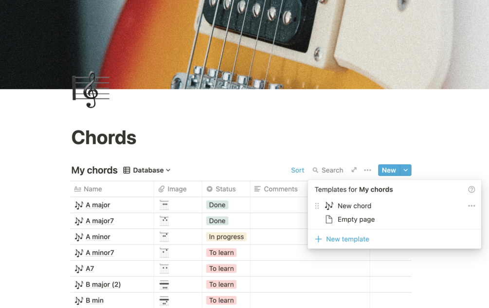 Notion template to organize your chords 🎸and learning guitar