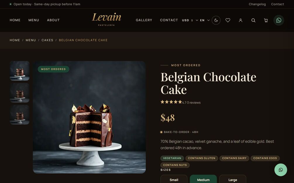 A Levain product detail page in the dark theme: Belgian Chocolate Cake with a thumbnail rail, 4.7 stars from 3 reviews, a 48 dollar price, a Bake-to-order 48h badge, allergen chips and a Small, Medium, Large size selector.