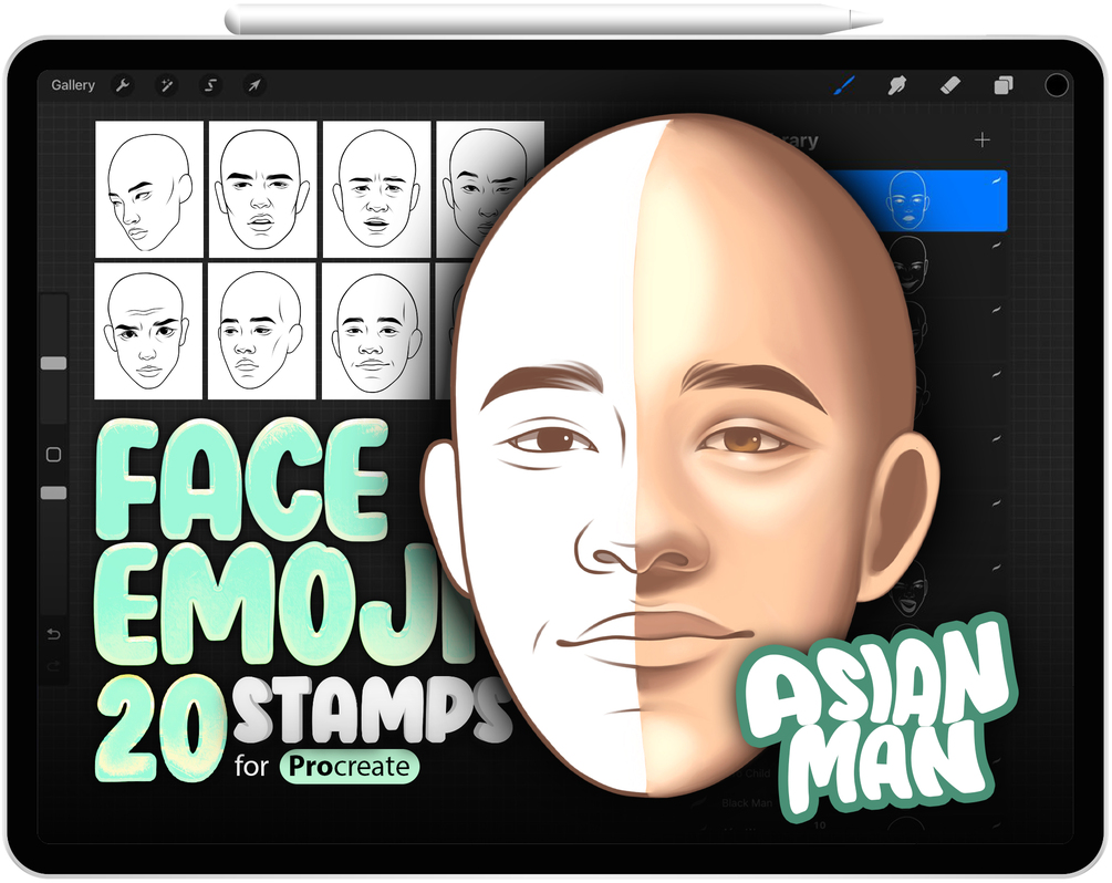 20 Procreate Asian Man Face Emotions Stamp Brushes Collection by ProCreativeBreeze