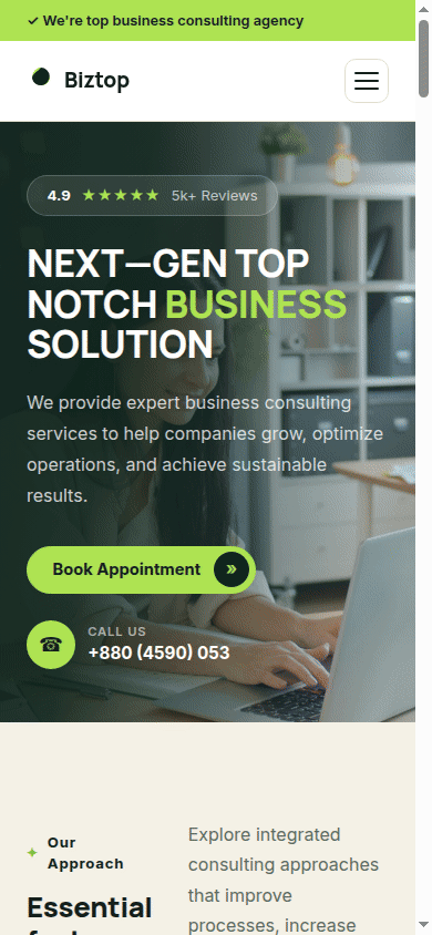 Animated mobile walkthrough of the Biztop website