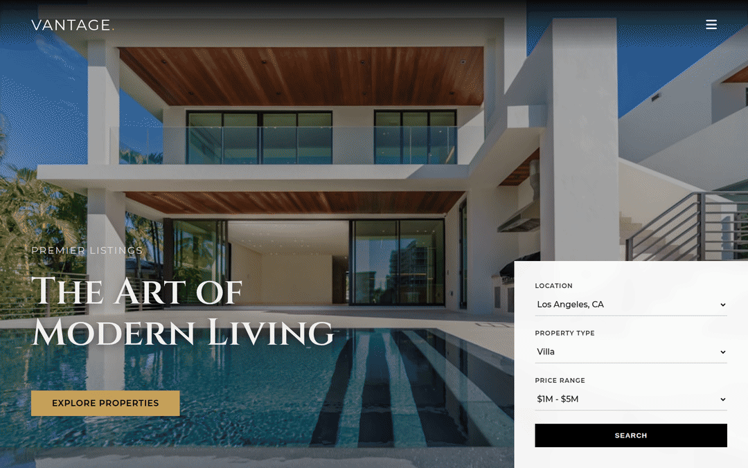 Wide desktop walkthrough GIF for Real Estate Listing — Website Template
