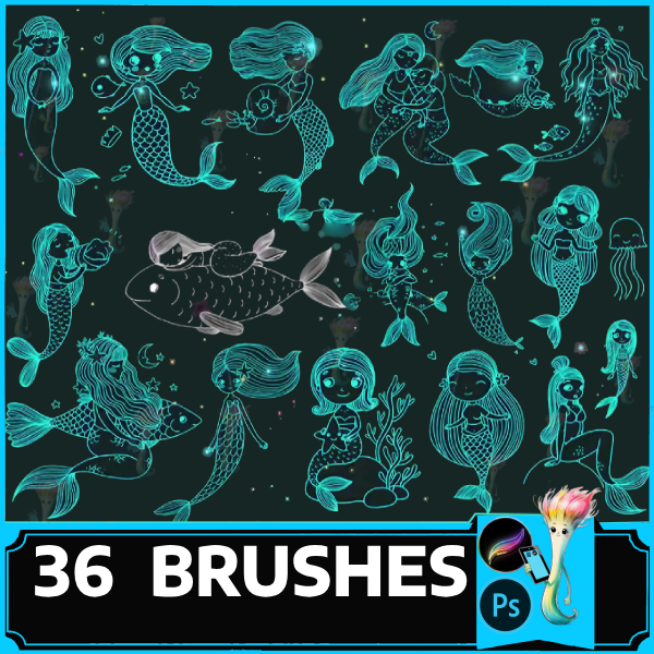 Mermaid chibi Procreate stamps, Procreate chibi stamps, Chibi mermaid Procreate stamps, photoshop mermaid stamps, photoshop brush, photoshop by best procreate brushes