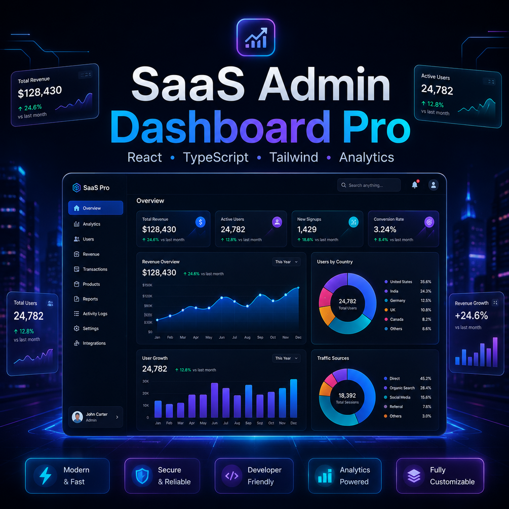 SaaS Admin Dashboard Pro preview showing analytics charts, user management tables, and revenue tracking in a modern dark-themed interface