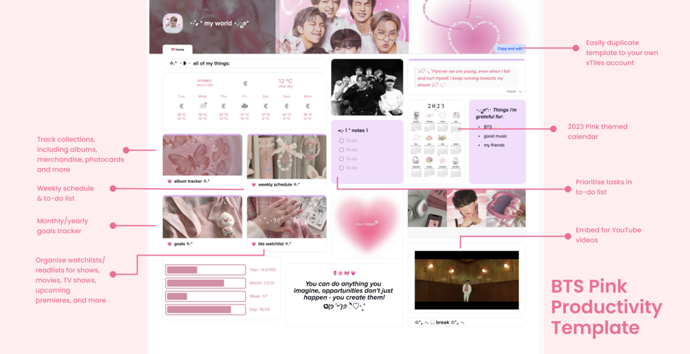 🌷 BTS Pink xTiles Productivity Template